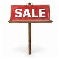 Wooden sign showing sale offer with red background photo