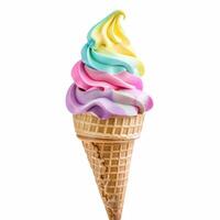 Rainbow soft serve ice cream standing in waffle cone on white background photo