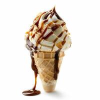 Delicious soft serve ice cream dripping with caramel sauce in waffle cone photo