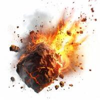 Burning asteroid exploding with molten rock and fire on white background photo