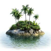 Tropical island with palm trees and lush vegetation emerging from a calm ocean on white background photo