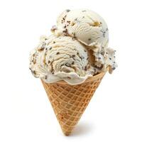 Delicious melting ice cream scoops with chocolate chips in waffle cone on white background photo