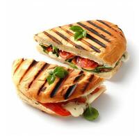 Delicious grilled panini with tomatoes, cheese, and basil showing cross section photo