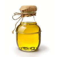 Elegant glass bottle containing fresh olive oil with rustic cap and tied twine on white background photo
