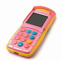 Pink and yellow toy pos terminal with colorful buttons on white background photo