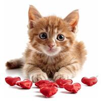 Ginger kitten lying down and playing with red hearts on white background photo