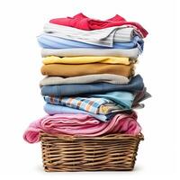 Stack of folded clothes sitting in wicker basket on white background photo