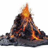 Volcano erupting with molten lava and ash cloud on white background photo