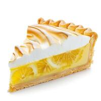 Delicious slice of lemon meringue pie showing layers on white background photo
