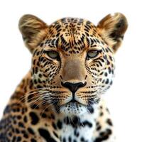 Leopard staring with intense gaze on white background photo