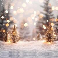 Christmas trees sparkling in a snowy landscape with falling snow and bokeh lights photo