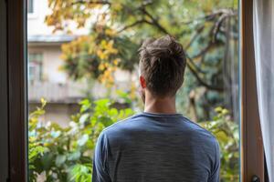 Man looking out of window at green trees and buildings in autumn photo