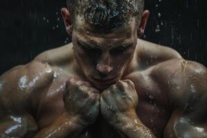 Muscular man holding fists together under shower in the dark photo