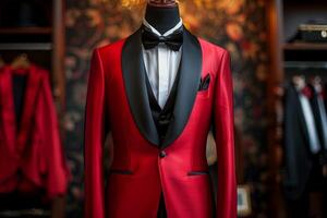 Elegant red suit with black lapels and bow tie displayed on mannequin photo