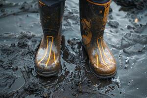 Worker wearing rubber boots standing in mud puddle photo