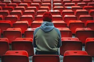 Lonely spectator wearing red beanie sitting in empty stadium bleachers photo