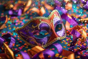 Purple and red glitter carnival mask on colorful confetti background with sparkles photo