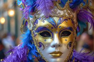 Close up of venetian carnival mask with colorful feathers and glittering details photo