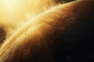 Sunrise illuminating a cratered planet in outer space photo