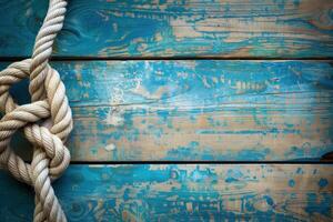 Tight knot on rustic blue wooden planks creating nautical background photo