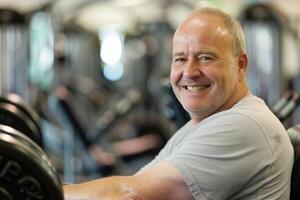 Senior man smiling and training in the gym photo