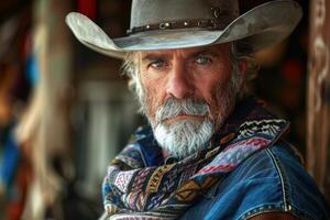 Portrait of senior cowboy wearing hat and scarf in wild west setting photo