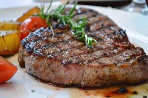 Grilled beef steak with rosemary and roasted vegetables on white plate photo