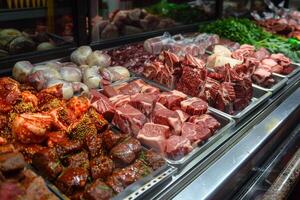 Butcher displaying various cuts of fresh meat in refrigerated display case photo