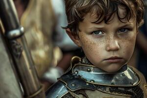 Young knight wearing armor posing seriously next to a pike photo