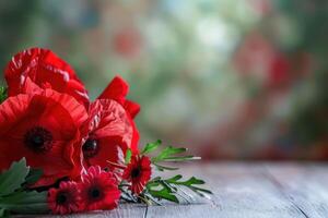 Red poppies and daisies resting on rustic wooden table photo