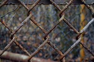 Rusty chain link fence creating diamond shapes with blurred background photo