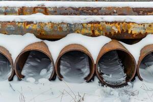 Rusty pipes covered with snow during winter photo
