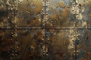Weathered metal surface showing rivets and texture creating industrial background photo