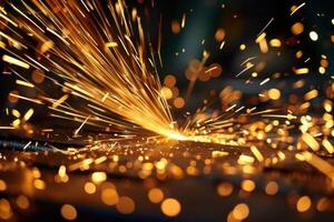 Grinding machine creating sparks during metal processing in workshop photo
