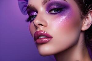 Model showing creative purple makeup with glitter and glossy lips photo