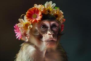 Monkey wearing a colorful flower crown posing calmly photo