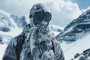 Mountaineer covered in ice crystals standing on snowy mountain peak photo