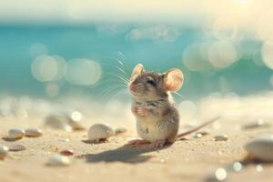Adorable mouse enjoying sunny beach day with seashells photo