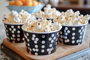 Freshly made popcorn in black and white polka dot containers on wooden tray photo