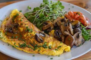 Delicious omelette with mushrooms, fresh salad and tomatoes for a healthy breakfast photo