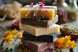 Stack of colorful handmade soap bars with flowers and herbs creating a relaxing spa atmosphere photo