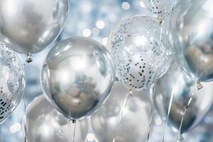 Silver balloons floating with confetti and bokeh lights creating festive atmosphere photo