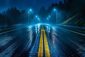 Empty highway at night with rain reflecting street lights photo