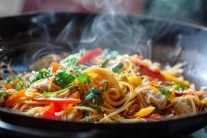 Wok containing steaming chicken and vegetable noodles photo