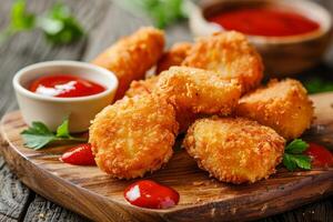 Delicious crispy chicken nuggets with ketchup and parsley on wooden board photo