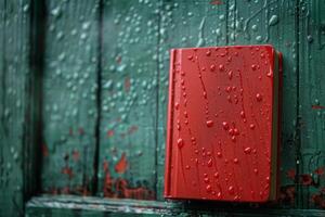Red notebook getting wet on green rustic wooden door during rain photo