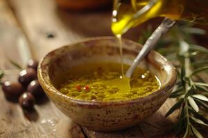 Chef pouring olive oil into bowl with spices and herbs for marinade preparation photo