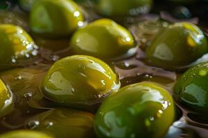 Green olives floating in olive oil, creating a vibrant culinary scene photo