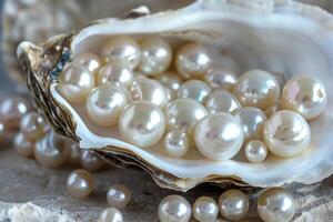 Many beautiful pearls overflowing from an oyster shell on a sandy beach photo