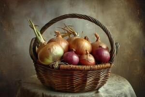 Wicker basket overflowing with fresh onions on rustic table photo